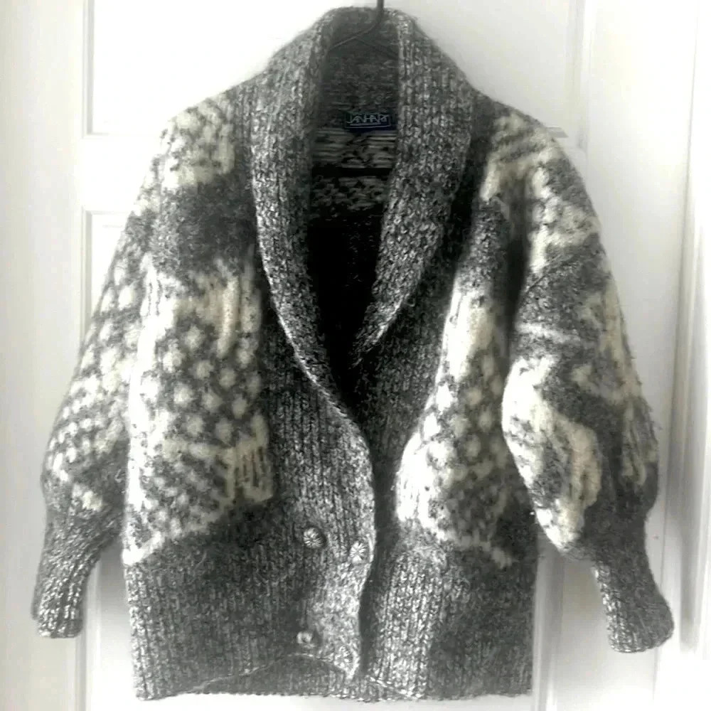 JAHARI 100% GREY WHITE WINTER  COLLAR WOOL HAND KNITTED SIZE S/M DOUBLE BREAST - Picture 7 of 15